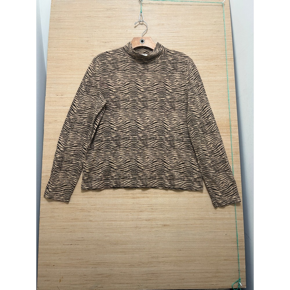 Jones New York Sport Tiger Print Mock Neck Top Tan Black Cotton Long Sleeve L